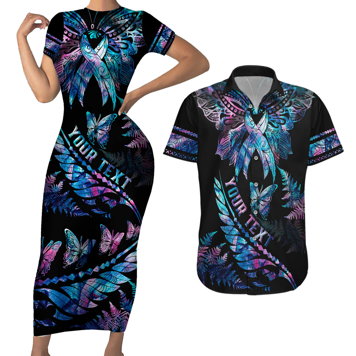 Personalised Polynesia Ribbon Butterflies Couples Matching Short Sleeve Bodycon Dress and Hawaiian Shirt Silver Fern Breast Cancer With Papua Shell Pattern LT9 Black - Polynesian Pride