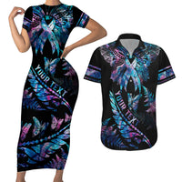 Personalised Polynesia Ribbon Butterflies Couples Matching Short Sleeve Bodycon Dress and Hawaiian Shirt Silver Fern Breast Cancer With Papua Shell Pattern LT9 Black - Polynesian Pride