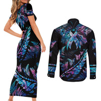 Personalised Polynesia Ribbon Butterflies Couples Matching Short Sleeve Bodycon Dress and Long Sleeve Button Shirts Silver Fern Breast Cancer With Papua Shell Pattern LT9 - Polynesian Pride