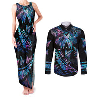 Personalised Polynesia Ribbon Butterflies Couples Matching Tank Maxi Dress and Long Sleeve Button Shirts Silver Fern Breast Cancer With Papua Shell Pattern LT9 Black - Polynesian Pride