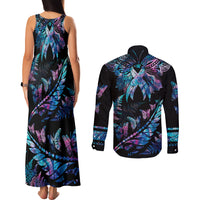 Personalised Polynesia Ribbon Butterflies Couples Matching Tank Maxi Dress and Long Sleeve Button Shirts Silver Fern Breast Cancer With Papua Shell Pattern LT9 - Polynesian Pride