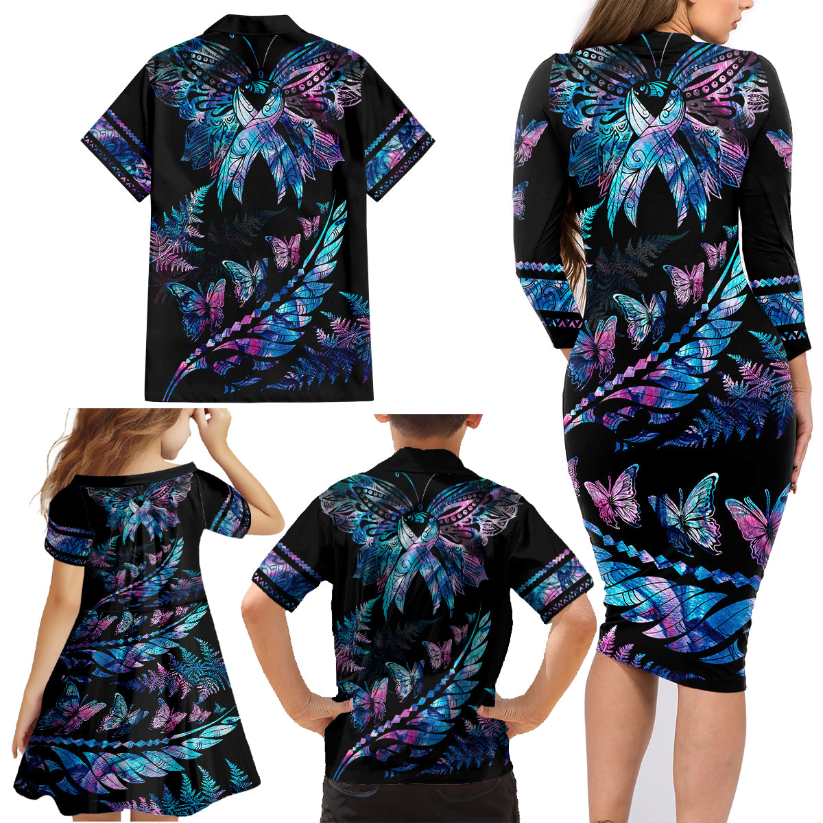 Personalised Polynesia Ribbon Butterflies Family Matching Long Sleeve Bodycon Dress and Hawaiian Shirt Silver Fern Breast Cancer With Papua Shell Pattern LT9 - Polynesian Pride