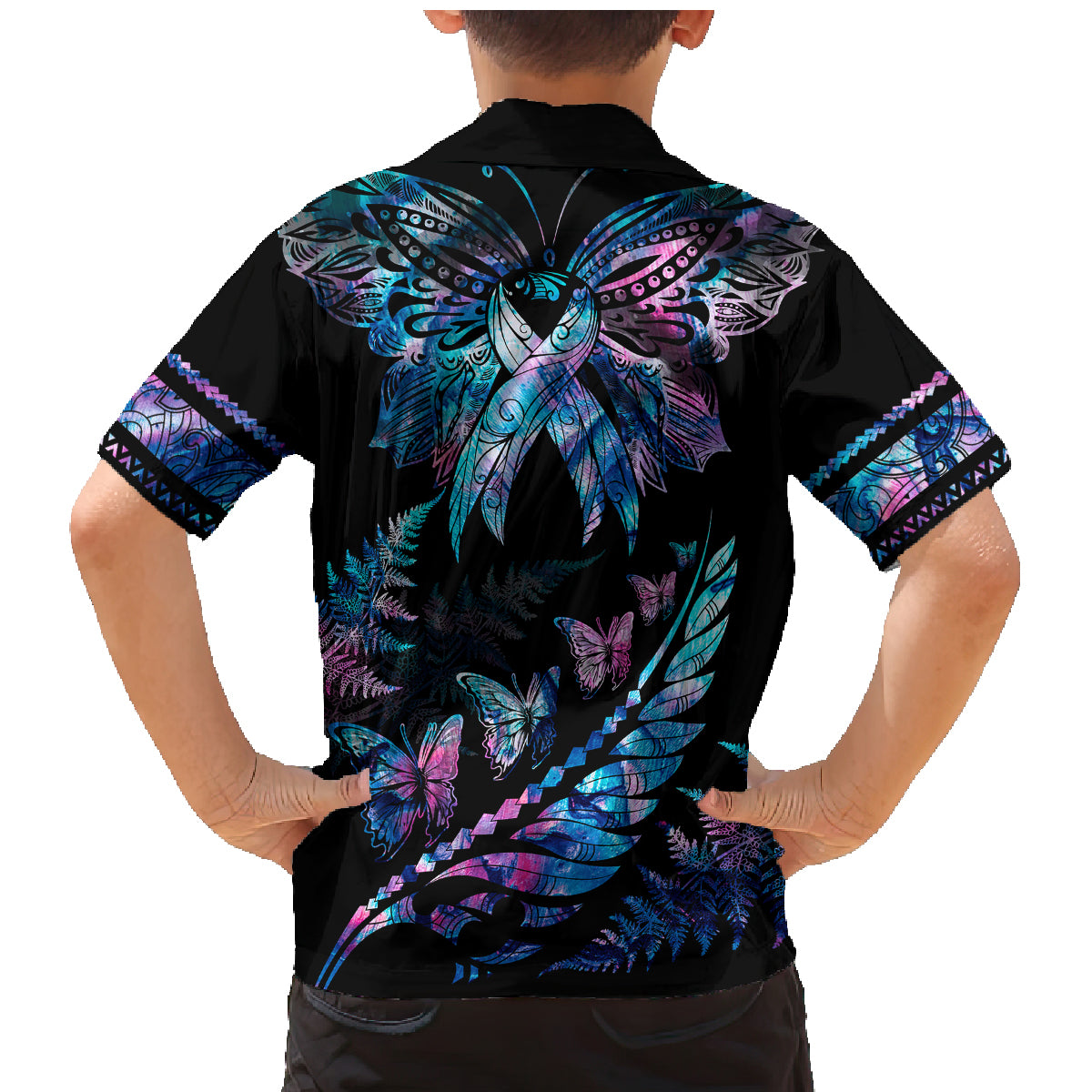 Personalised Polynesia Ribbon Butterflies Family Matching Mermaid Dress and Hawaiian Shirt Silver Fern Breast Cancer With Papua Shell Pattern LT9 - Polynesian Pride