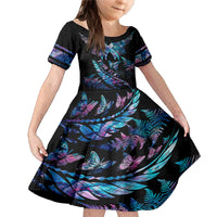 Personalised Polynesia Ribbon Butterflies Family Matching Mermaid Dress and Hawaiian Shirt Silver Fern Breast Cancer With Papua Shell Pattern LT9 Daughter's Dress Black - Polynesian Pride