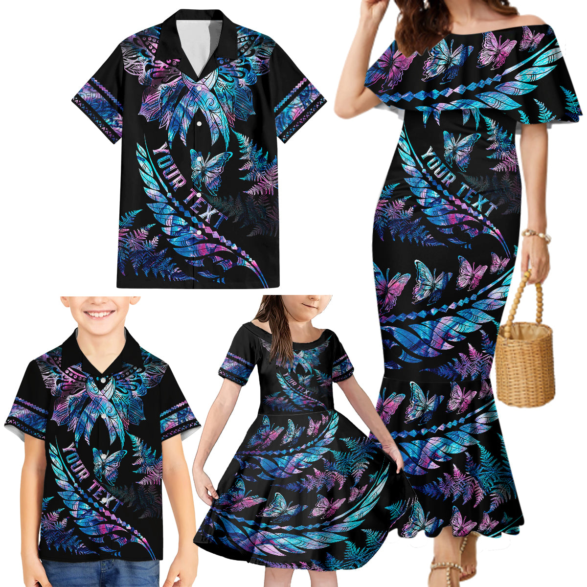 Personalised Polynesia Ribbon Butterflies Family Matching Mermaid Dress and Hawaiian Shirt Silver Fern Breast Cancer With Papua Shell Pattern LT9 - Polynesian Pride