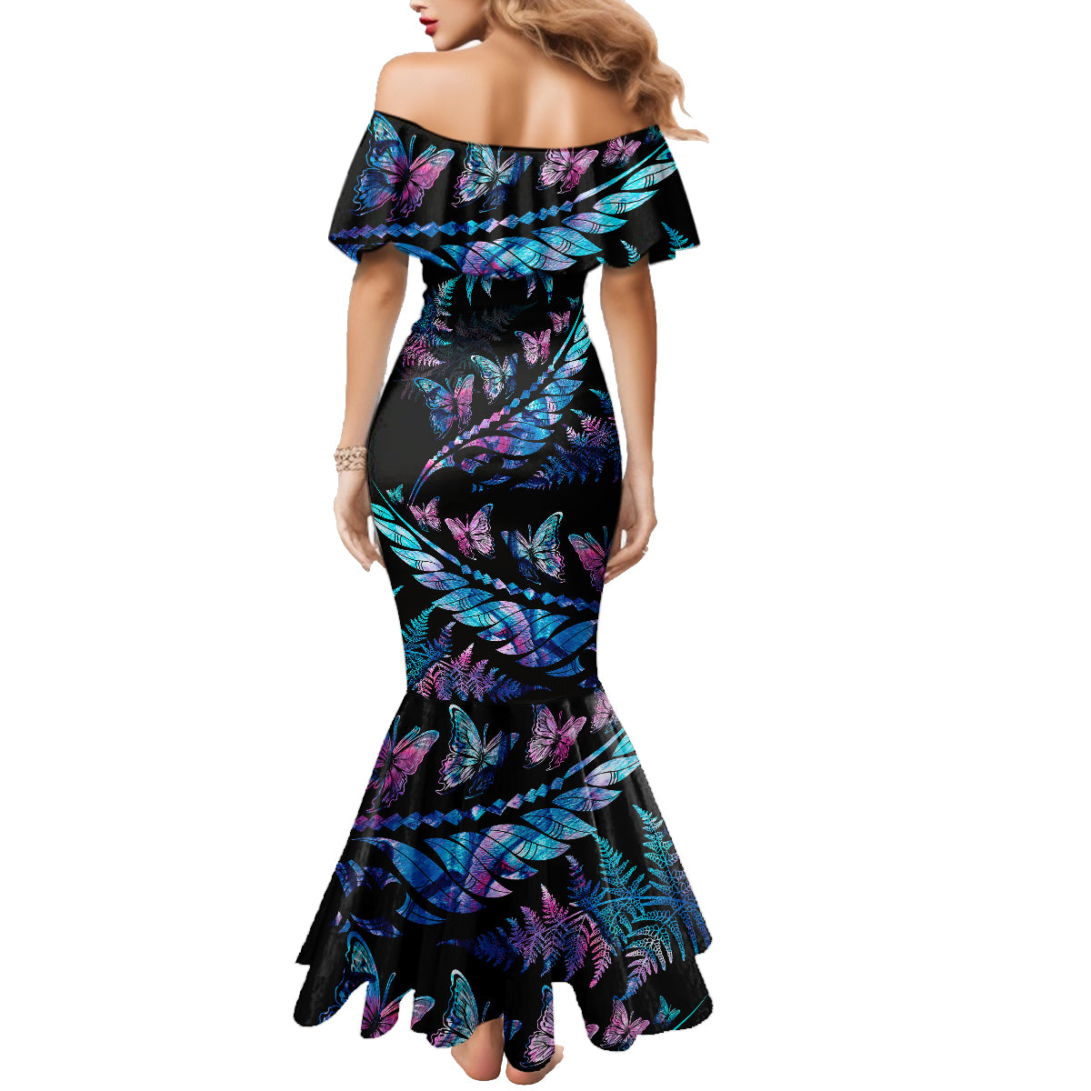 Personalised Polynesia Ribbon Butterflies Family Matching Mermaid Dress and Hawaiian Shirt Silver Fern Breast Cancer With Papua Shell Pattern LT9 - Polynesian Pride
