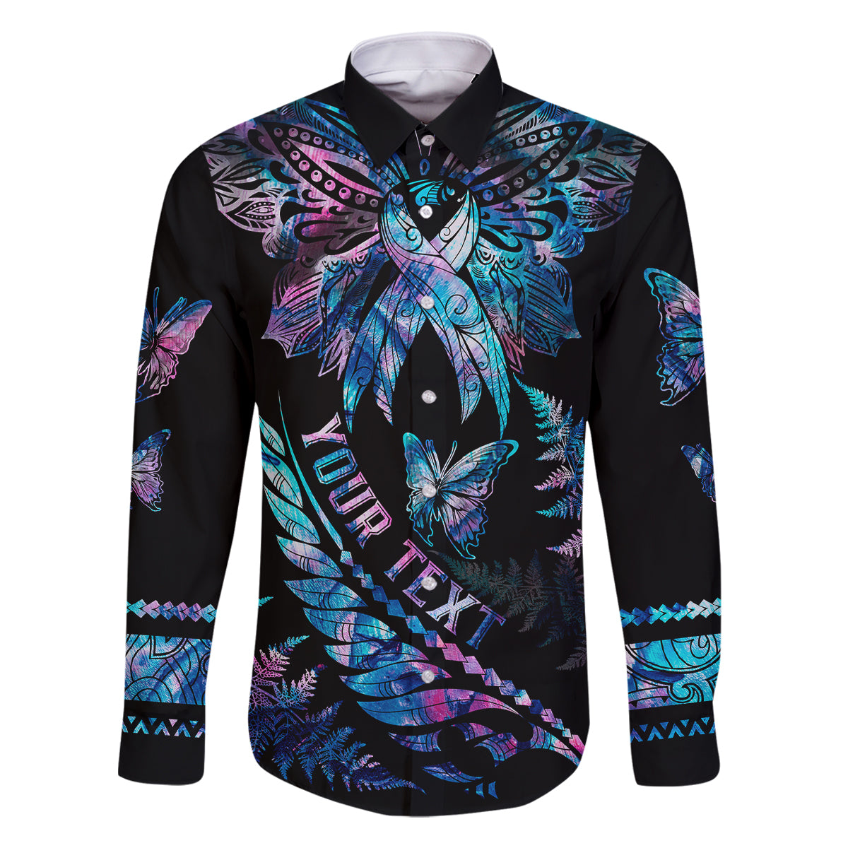 Personalised Polynesia Ribbon Butterflies Family Matching Off Shoulder Maxi Dress and Hawaiian Shirt Silver Fern Breast Cancer With Papua Shell Pattern LT9 Dad's Shirt - Short Sleeve Black - Polynesian Pride