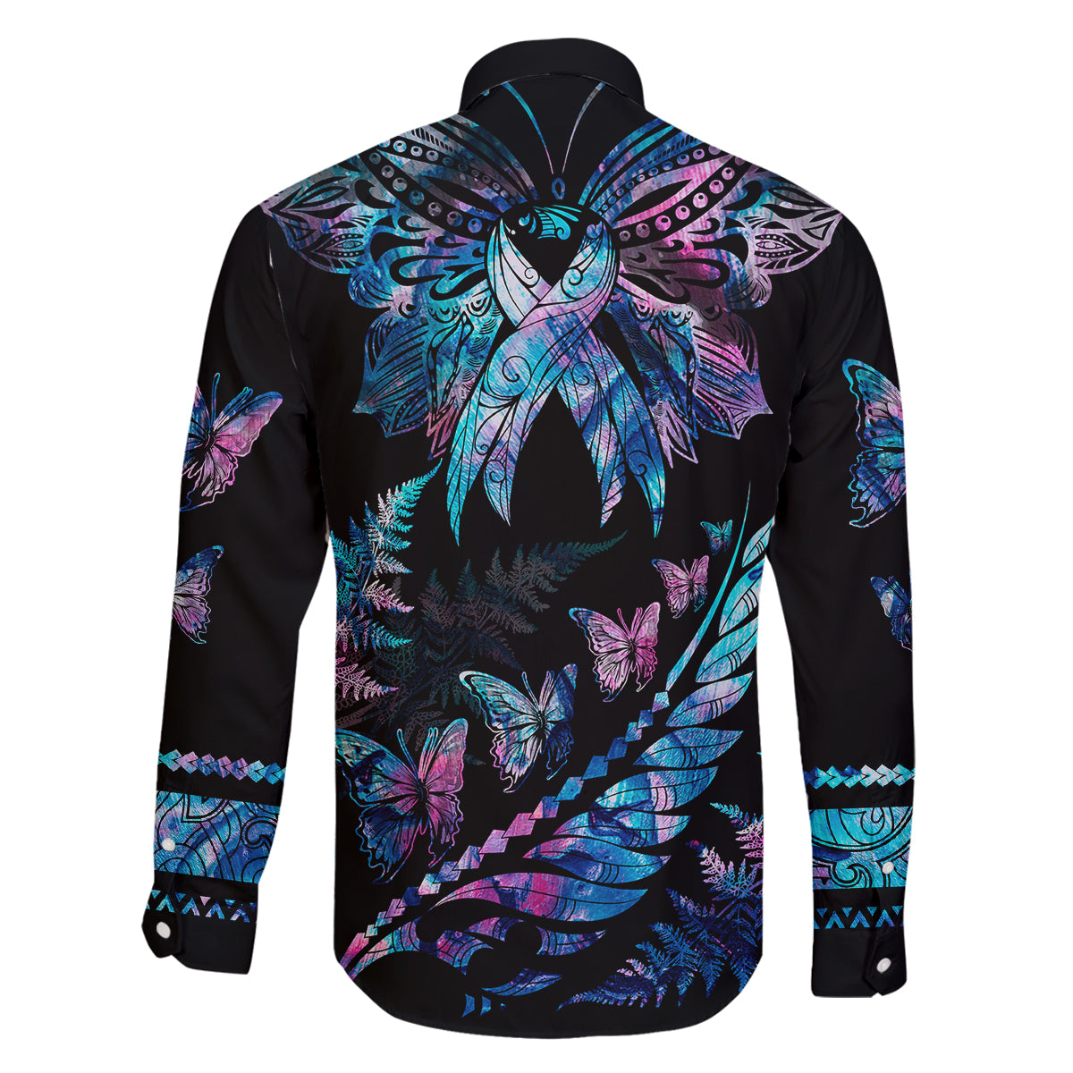 Personalised Polynesia Ribbon Butterflies Family Matching Off Shoulder Maxi Dress and Hawaiian Shirt Silver Fern Breast Cancer With Papua Shell Pattern LT9 - Polynesian Pride