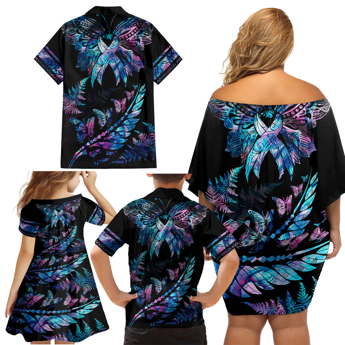 Personalised Polynesia Ribbon Butterflies Family Matching Off Shoulder Short Dress and Hawaiian Shirt Silver Fern Breast Cancer With Papua Shell Pattern LT9 - Polynesian Pride