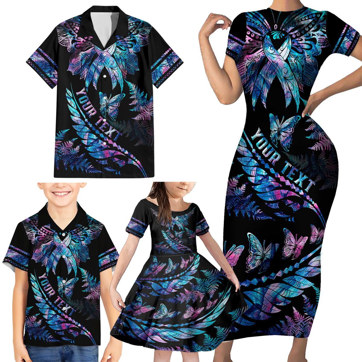 Personalised Polynesia Ribbon Butterflies Family Matching Short Sleeve Bodycon Dress and Hawaiian Shirt Silver Fern Breast Cancer With Papua Shell Pattern LT9 - Polynesian Pride