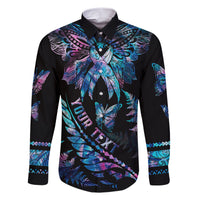Personalised Polynesia Ribbon Butterflies Family Matching Short Sleeve Bodycon Dress and Hawaiian Shirt Silver Fern Breast Cancer With Papua Shell Pattern LT9 Dad's Shirt - Long Sleeve Black - Polynesian Pride