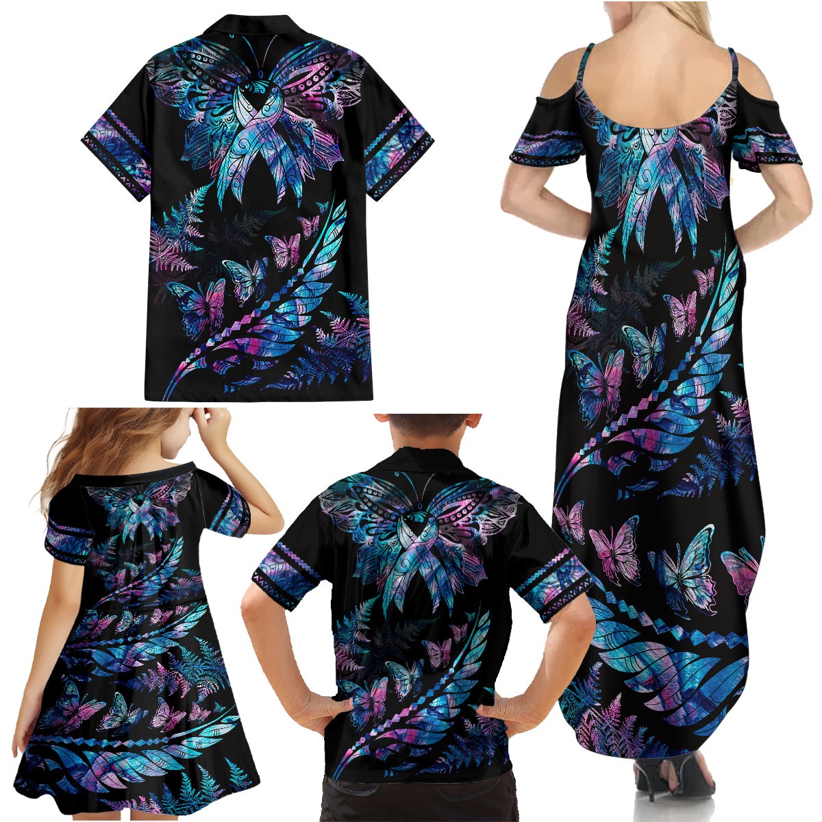 Personalised Polynesia Ribbon Butterflies Family Matching Summer Maxi Dress and Hawaiian Shirt Silver Fern Breast Cancer With Papua Shell Pattern LT9 - Polynesian Pride