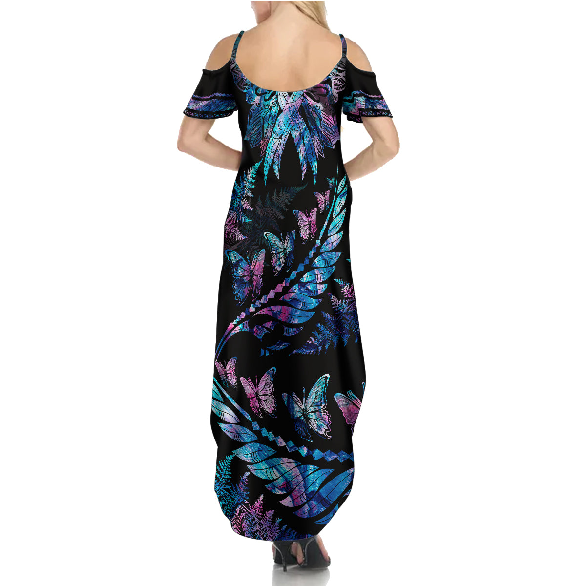 Personalised Polynesia Ribbon Butterflies Family Matching Summer Maxi Dress and Hawaiian Shirt Silver Fern Breast Cancer With Papua Shell Pattern LT9 - Polynesian Pride