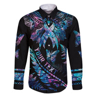 Personalised Polynesia Ribbon Butterflies Family Matching Tank Maxi Dress and Hawaiian Shirt Silver Fern Breast Cancer With Papua Shell Pattern LT9 Dad's Shirt - Long Sleeve Black - Polynesian Pride
