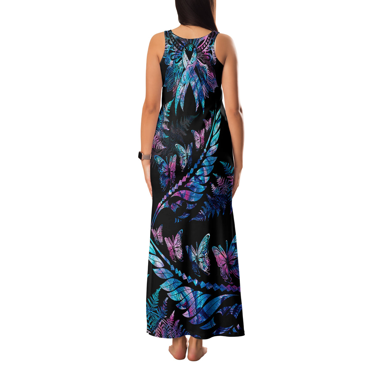 Personalised Polynesia Ribbon Butterflies Family Matching Tank Maxi Dress and Hawaiian Shirt Silver Fern Breast Cancer With Papua Shell Pattern LT9 - Polynesian Pride