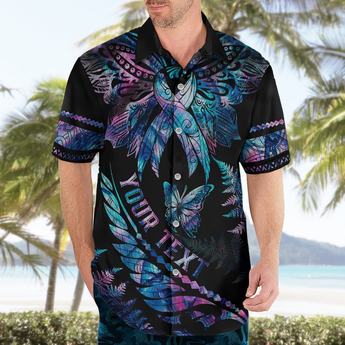 Personalised Polynesia Ribbon Butterflies Hawaiian Shirt Silver Fern Breast Cancer With Papua Shell Pattern LT9 - Polynesian Pride