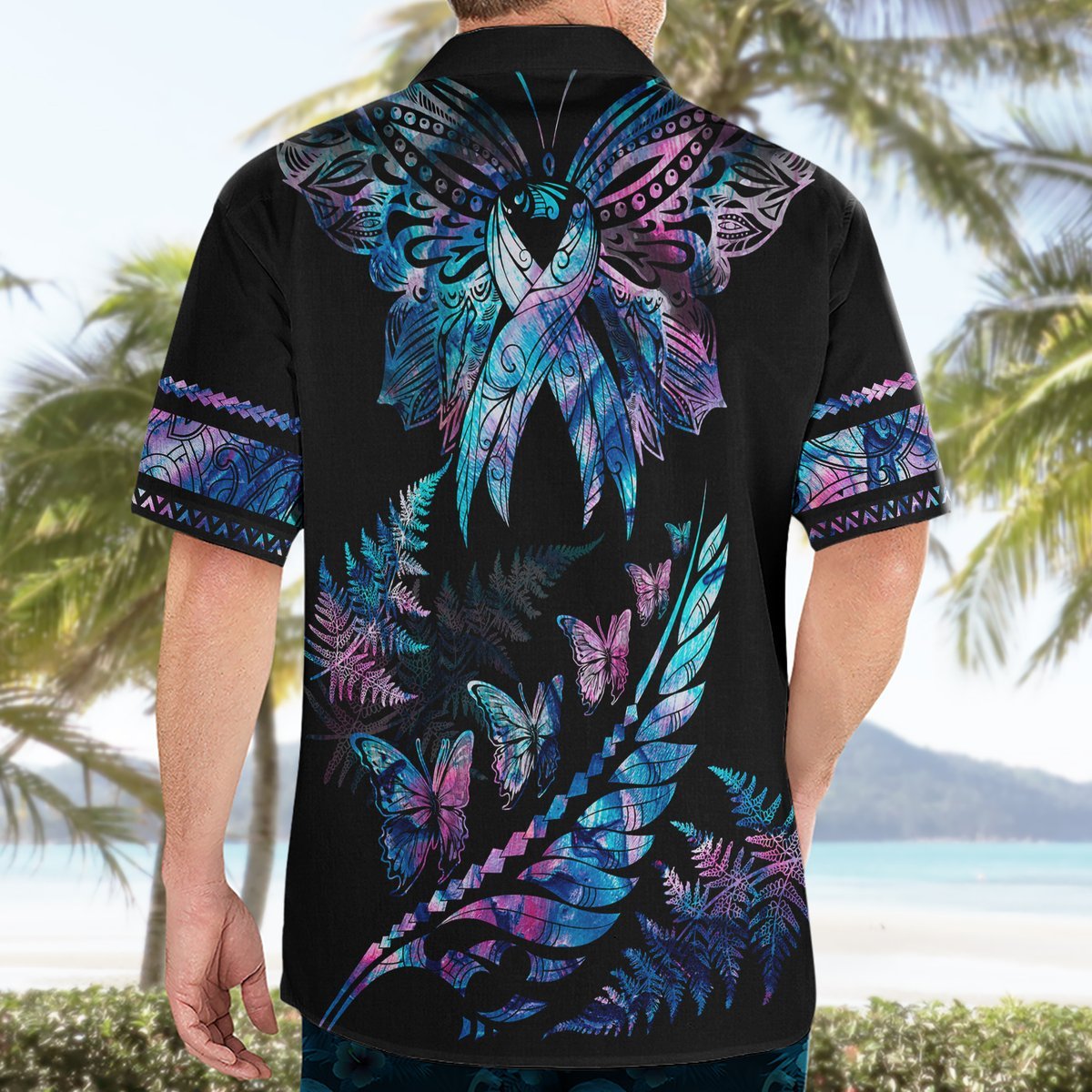 Personalised Polynesia Ribbon Butterflies Hawaiian Shirt Silver Fern Breast Cancer With Papua Shell Pattern LT9 - Polynesian Pride