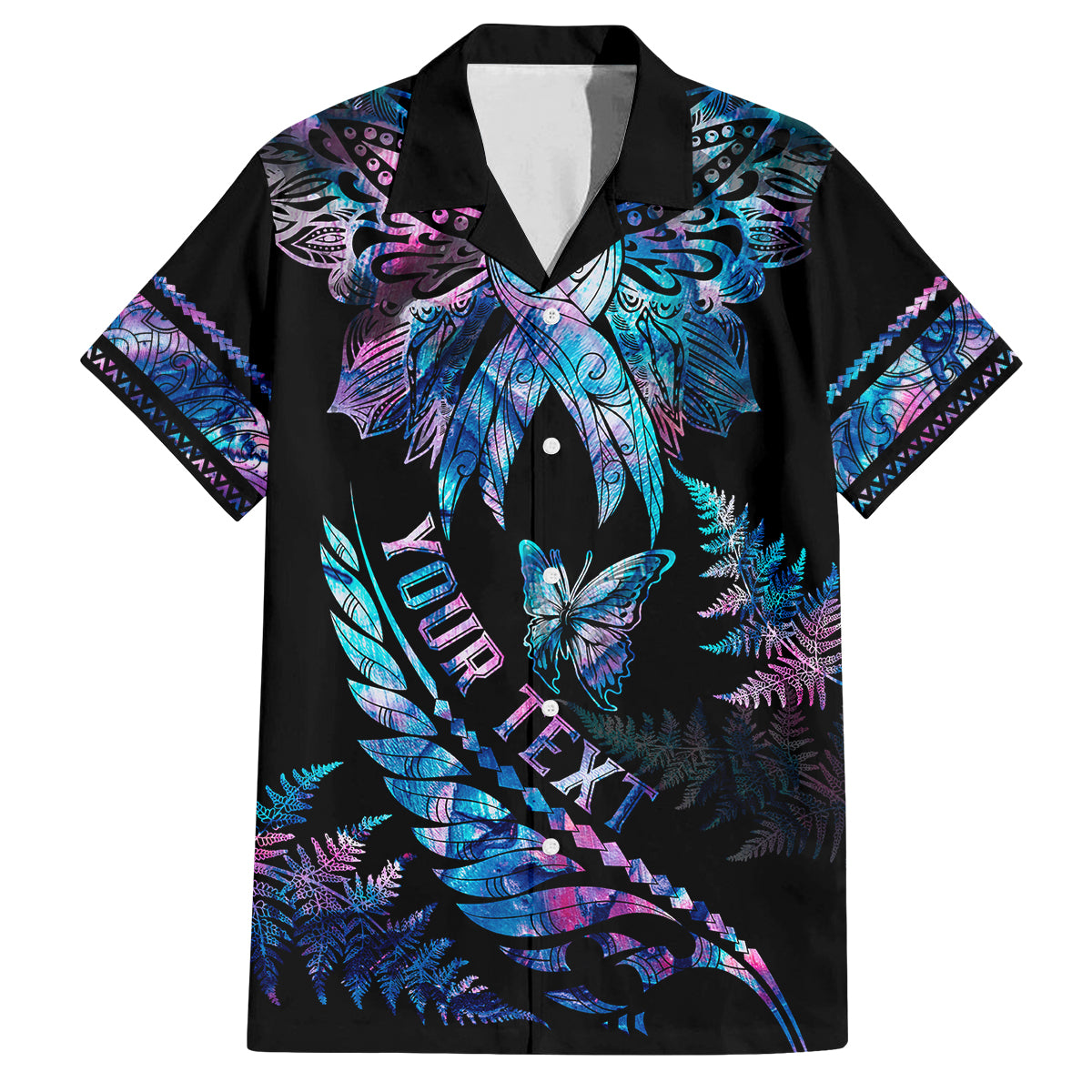 Personalised Polynesia Ribbon Butterflies Kid Hawaiian Shirt Silver Fern Breast Cancer With Papua Shell Pattern LT9 Kid Black - Polynesian Pride
