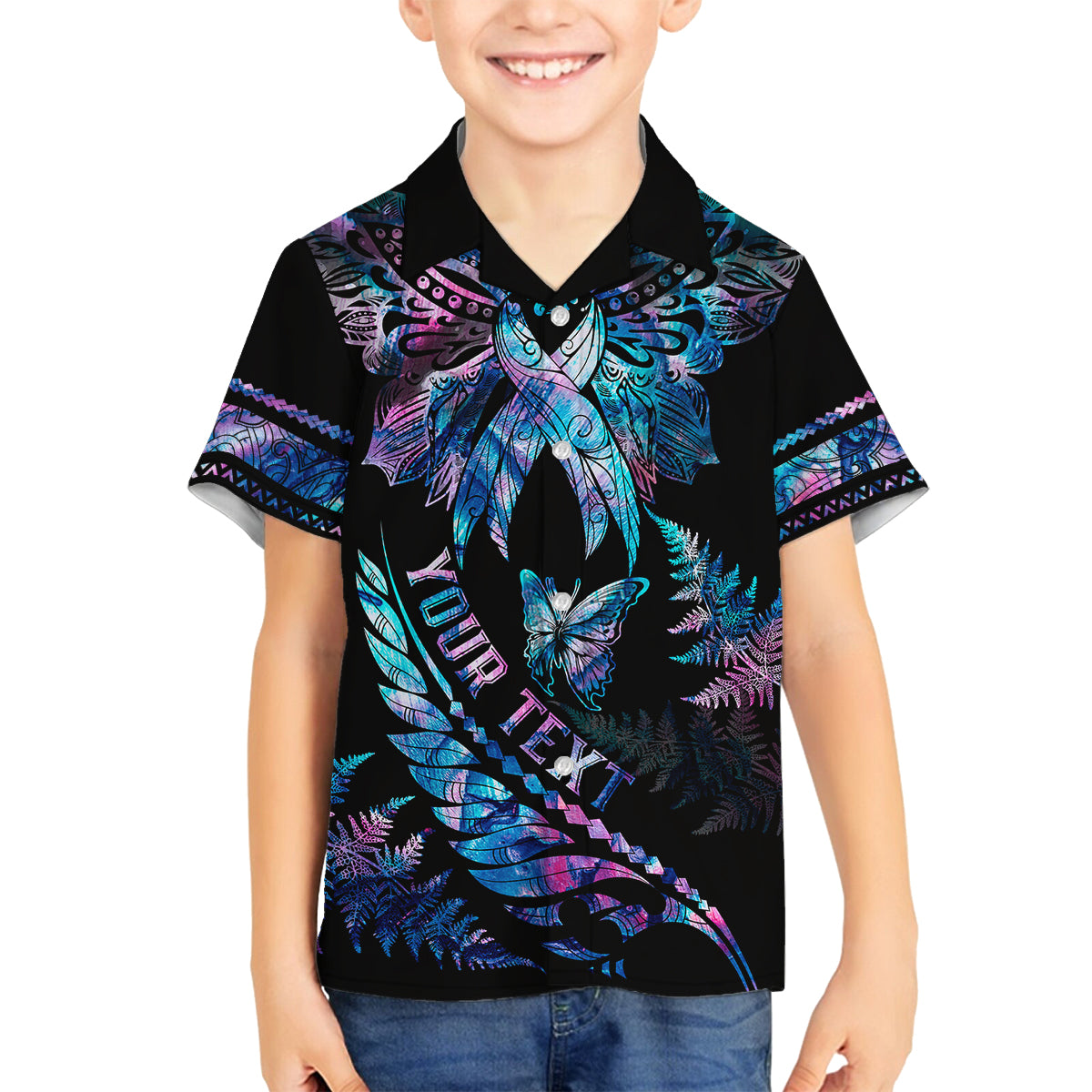 Personalised Polynesia Ribbon Butterflies Kid Hawaiian Shirt Silver Fern Breast Cancer With Papua Shell Pattern LT9 - Polynesian Pride