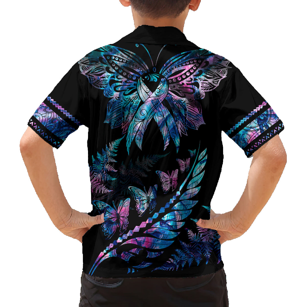 Personalised Polynesia Ribbon Butterflies Kid Hawaiian Shirt Silver Fern Breast Cancer With Papua Shell Pattern LT9 - Polynesian Pride