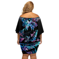 Personalised Polynesia Ribbon Butterflies Off Shoulder Short Dress Silver Fern Breast Cancer With Papua Shell Pattern LT9 - Polynesian Pride