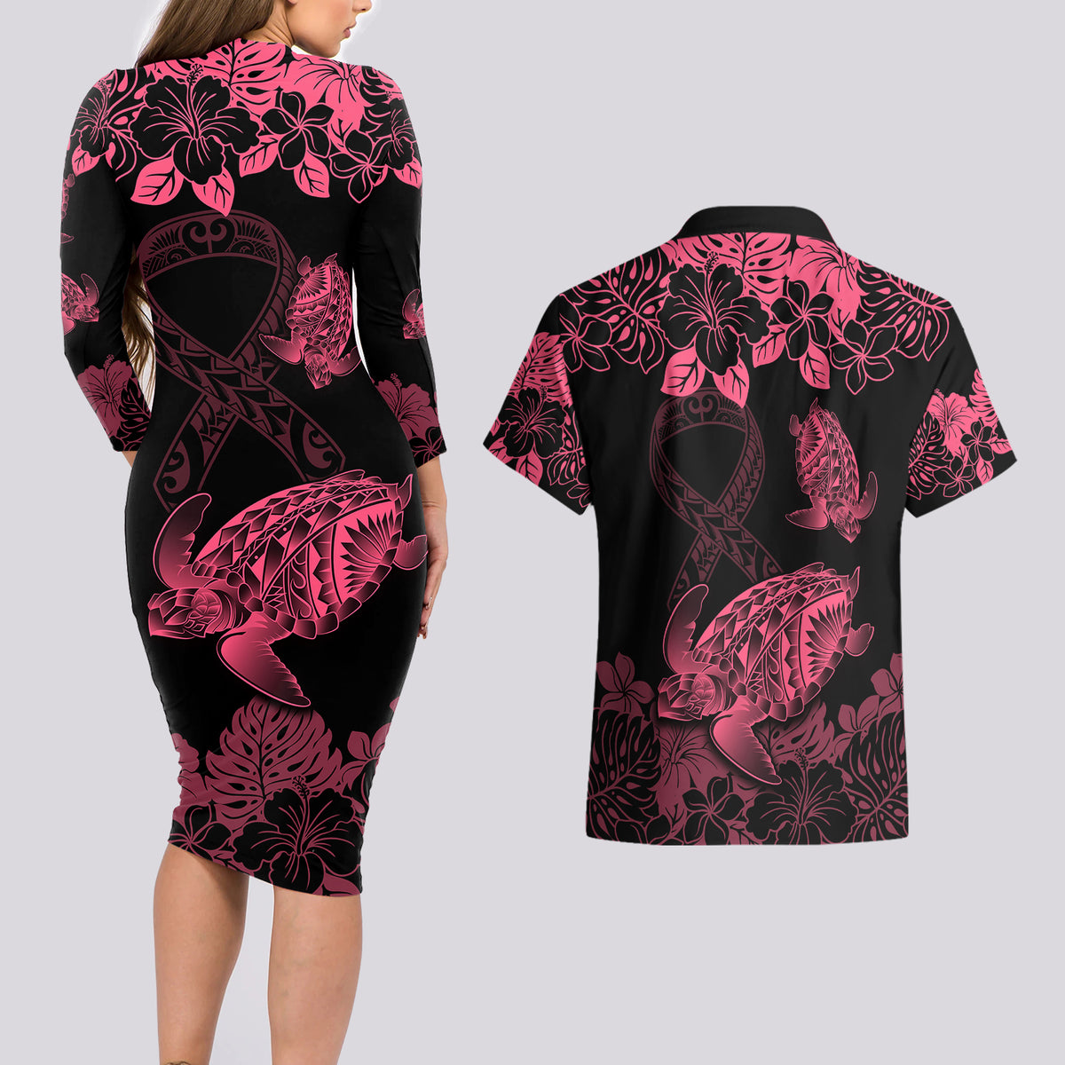 Personalised Polynesian Turtle Ribbon Couples Matching Long Sleeve Bodycon Dress and Hawaiian Shirt Think Pink Breast Cancer With Pacific Hibiscus LT9 - Polynesian Pride