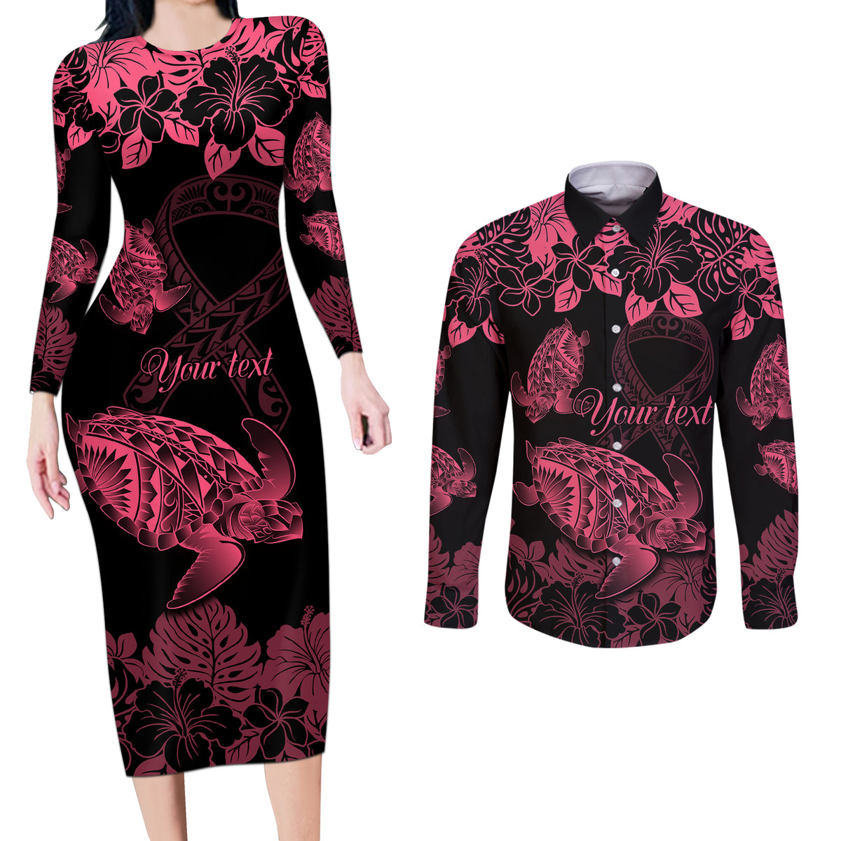 Personalised Polynesian Turtle Ribbon Couples Matching Long Sleeve Bodycon Dress and Long Sleeve Button Shirts Think Pink Breast Cancer With Pacific Hibiscus LT9 Pink - Polynesian Pride