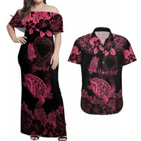 Personalised Polynesian Turtle Ribbon Couples Matching Off Shoulder Maxi Dress and Hawaiian Shirt Think Pink Breast Cancer With Pacific Hibiscus LT9 Pink - Polynesian Pride