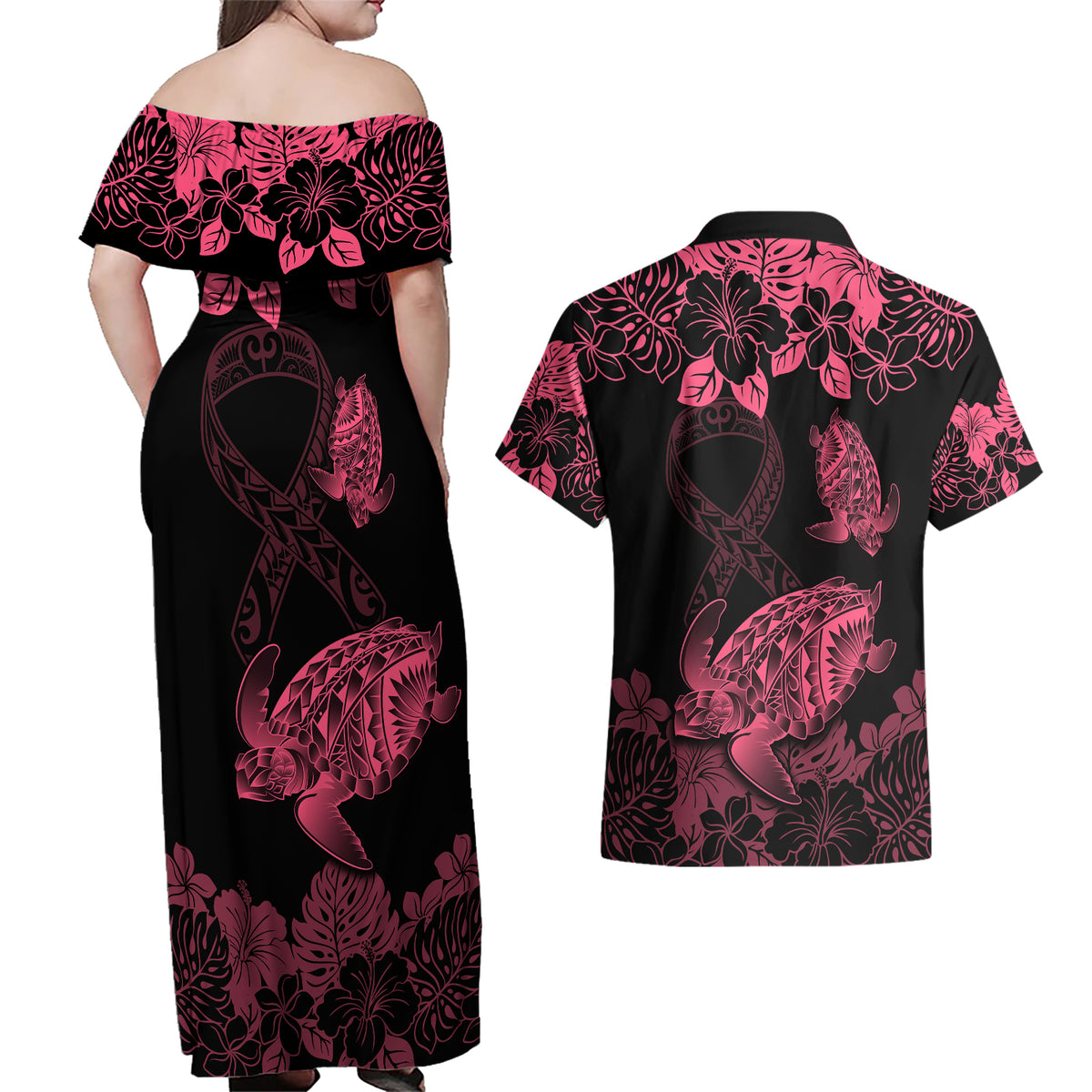 Personalised Polynesian Turtle Ribbon Couples Matching Off Shoulder Maxi Dress and Hawaiian Shirt Think Pink Breast Cancer With Pacific Hibiscus LT9 - Polynesian Pride
