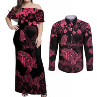Personalised Polynesian Turtle Ribbon Couples Matching Off Shoulder Maxi Dress and Long Sleeve Button Shirts Think Pink Breast Cancer With Pacific Hibiscus LT9 Pink - Polynesian Pride