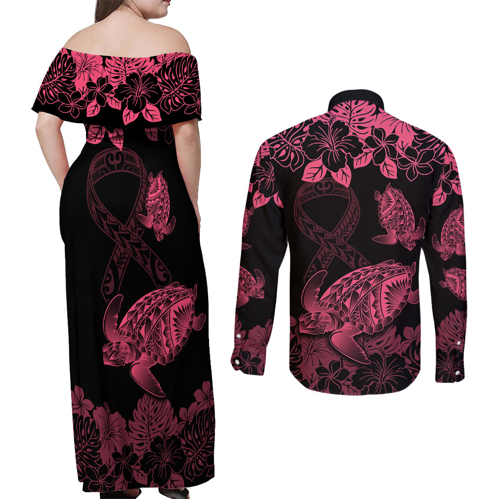 Personalised Polynesian Turtle Ribbon Couples Matching Off Shoulder Maxi Dress and Long Sleeve Button Shirts Think Pink Breast Cancer With Pacific Hibiscus LT9 - Polynesian Pride