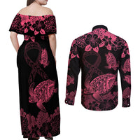 Personalised Polynesian Turtle Ribbon Couples Matching Off Shoulder Maxi Dress and Long Sleeve Button Shirts Think Pink Breast Cancer With Pacific Hibiscus LT9 - Polynesian Pride
