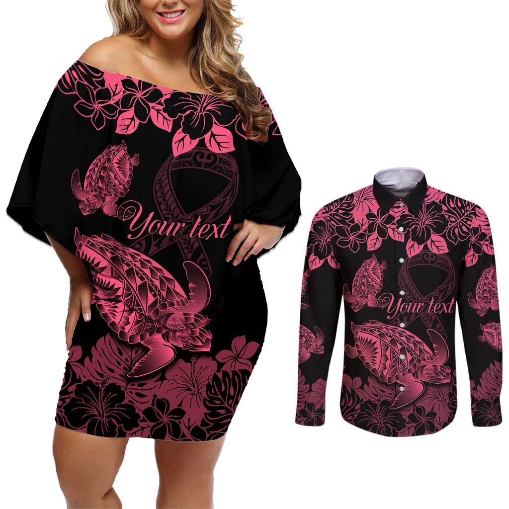 Personalised Polynesian Turtle Ribbon Couples Matching Off Shoulder Short Dress and Long Sleeve Button Shirts Think Pink Breast Cancer With Pacific Hibiscus LT9 Pink - Polynesian Pride