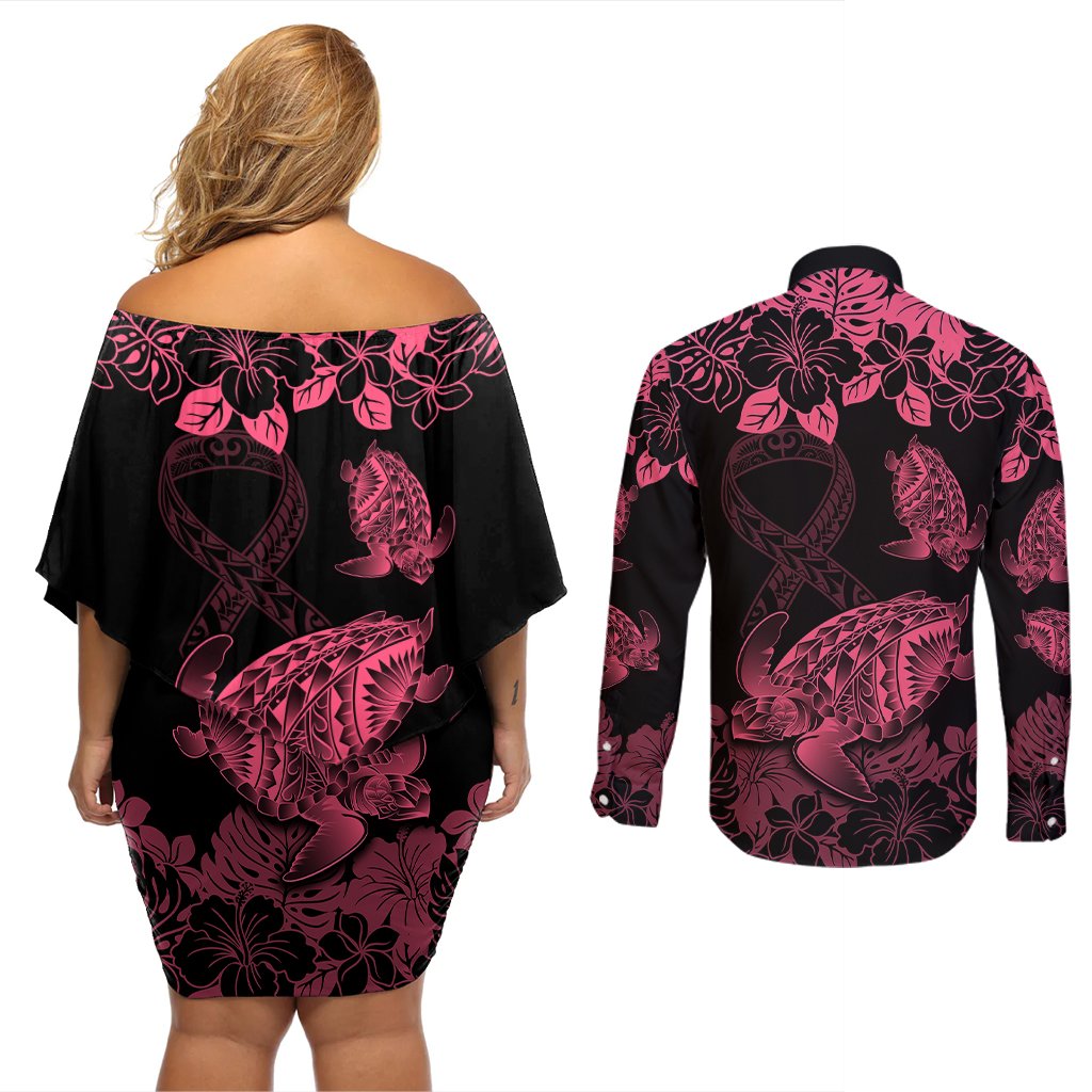 Personalised Polynesian Turtle Ribbon Couples Matching Off Shoulder Short Dress and Long Sleeve Button Shirts Think Pink Breast Cancer With Pacific Hibiscus LT9 - Polynesian Pride