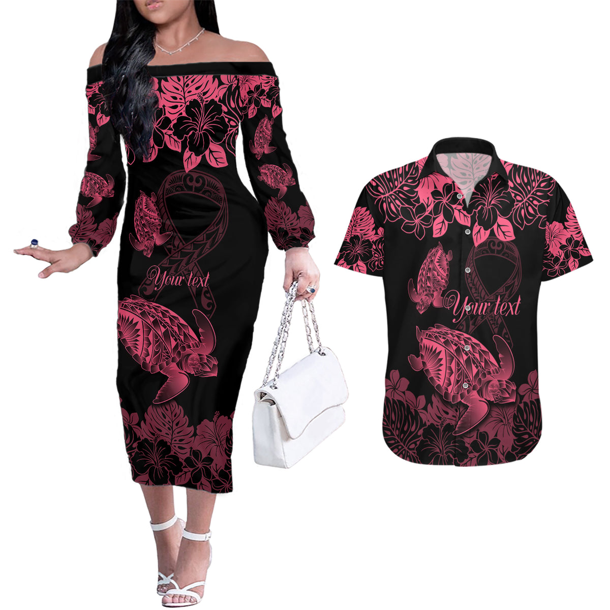 Personalised Polynesian Turtle Ribbon Couples Matching Off The Shoulder Long Sleeve Dress and Hawaiian Shirt Think Pink Breast Cancer With Pacific Hibiscus LT9 Pink - Polynesian Pride