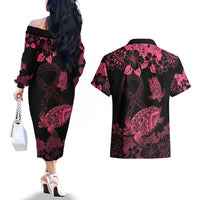Personalised Polynesian Turtle Ribbon Couples Matching Off The Shoulder Long Sleeve Dress and Hawaiian Shirt Think Pink Breast Cancer With Pacific Hibiscus LT9 - Polynesian Pride
