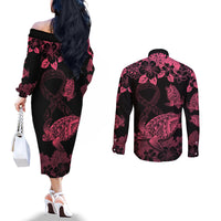Personalised Polynesian Turtle Ribbon Couples Matching Off The Shoulder Long Sleeve Dress and Long Sleeve Button Shirts Think Pink Breast Cancer With Pacific Hibiscus LT9 - Polynesian Pride