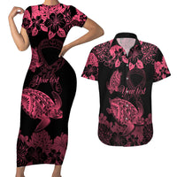 Personalised Polynesian Turtle Ribbon Couples Matching Short Sleeve Bodycon Dress and Hawaiian Shirt Think Pink Breast Cancer With Pacific Hibiscus LT9 Pink - Polynesian Pride