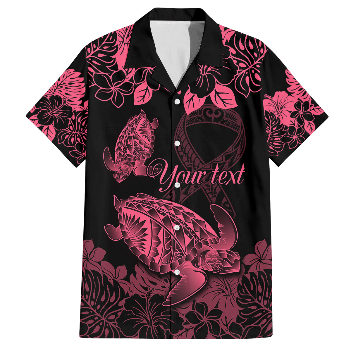 Personalised Polynesian Turtle Ribbon Family Matching Long Sleeve Bodycon Dress and Hawaiian Shirt Think Pink Breast Cancer With Pacific Hibiscus LT9 Dad's Shirt - Short Sleeve Pink - Polynesian Pride