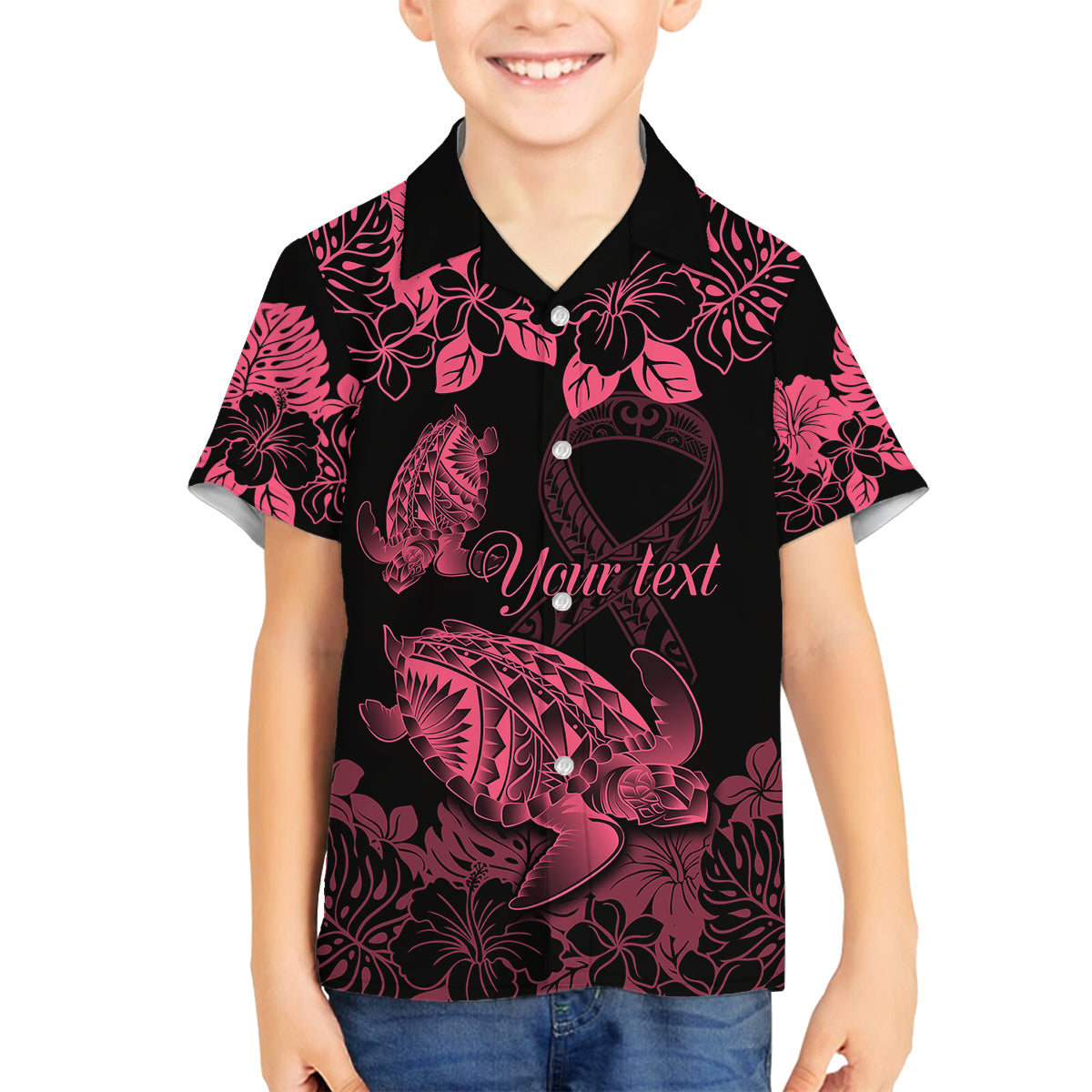 Personalised Polynesian Turtle Ribbon Family Matching Long Sleeve Bodycon Dress and Hawaiian Shirt Think Pink Breast Cancer With Pacific Hibiscus LT9 Son's Shirt Pink - Polynesian Pride