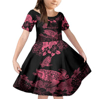 Personalised Polynesian Turtle Ribbon Family Matching Mermaid Dress and Hawaiian Shirt Think Pink Breast Cancer With Pacific Hibiscus LT9 Daughter's Dress Pink - Polynesian Pride