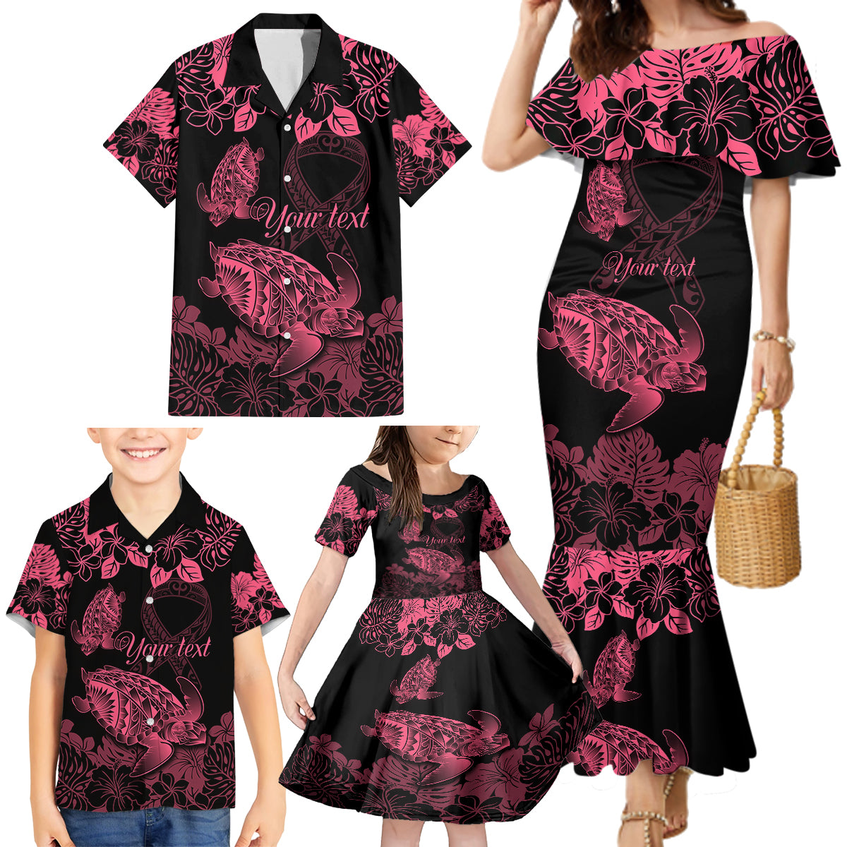 Personalised Polynesian Turtle Ribbon Family Matching Mermaid Dress and Hawaiian Shirt Think Pink Breast Cancer With Pacific Hibiscus LT9 - Polynesian Pride