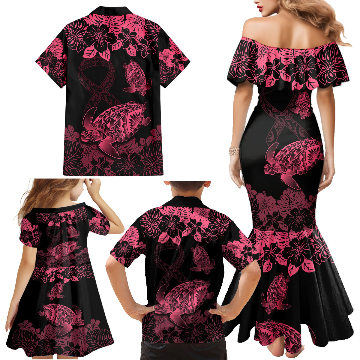 Personalised Polynesian Turtle Ribbon Family Matching Mermaid Dress and Hawaiian Shirt Think Pink Breast Cancer With Pacific Hibiscus LT9 - Polynesian Pride