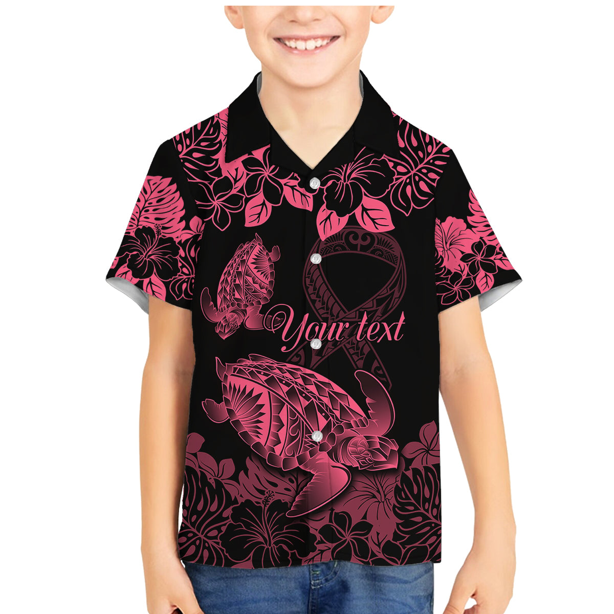 Personalised Polynesian Turtle Ribbon Family Matching Mermaid Dress and Hawaiian Shirt Think Pink Breast Cancer With Pacific Hibiscus LT9 Son's Shirt Pink - Polynesian Pride