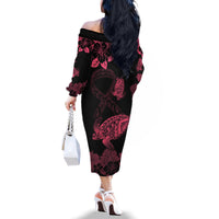 Personalised Polynesian Turtle Ribbon Family Matching Off Shoulder Long Sleeve Dress and Hawaiian Shirt Think Pink Breast Cancer With Pacific Hibiscus LT9 - Polynesian Pride