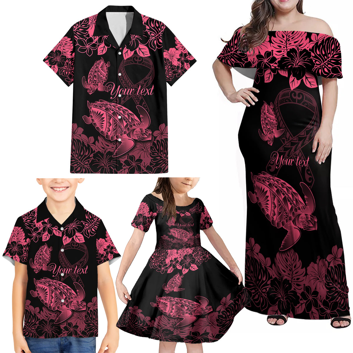Personalised Polynesian Turtle Ribbon Family Matching Off Shoulder Maxi Dress and Hawaiian Shirt Think Pink Breast Cancer With Pacific Hibiscus LT9 - Polynesian Pride