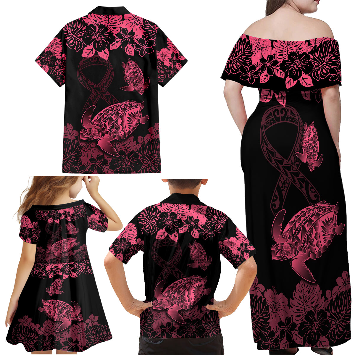 Personalised Polynesian Turtle Ribbon Family Matching Off Shoulder Maxi Dress and Hawaiian Shirt Think Pink Breast Cancer With Pacific Hibiscus LT9 - Polynesian Pride