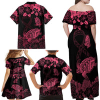 Personalised Polynesian Turtle Ribbon Family Matching Off Shoulder Maxi Dress and Hawaiian Shirt Think Pink Breast Cancer With Pacific Hibiscus LT9 - Polynesian Pride