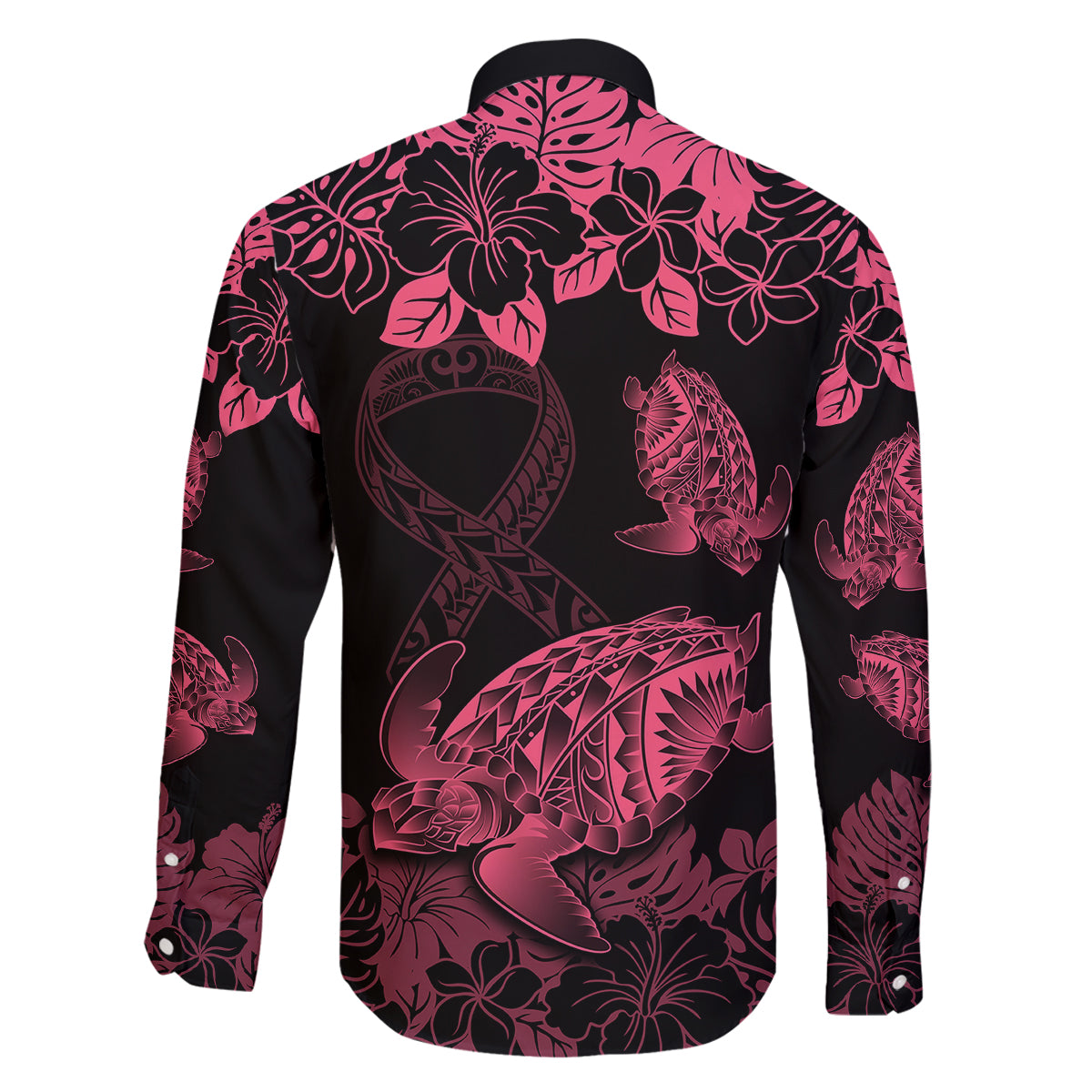 Personalised Polynesian Turtle Ribbon Family Matching Off Shoulder Maxi Dress and Hawaiian Shirt Think Pink Breast Cancer With Pacific Hibiscus LT9 - Polynesian Pride