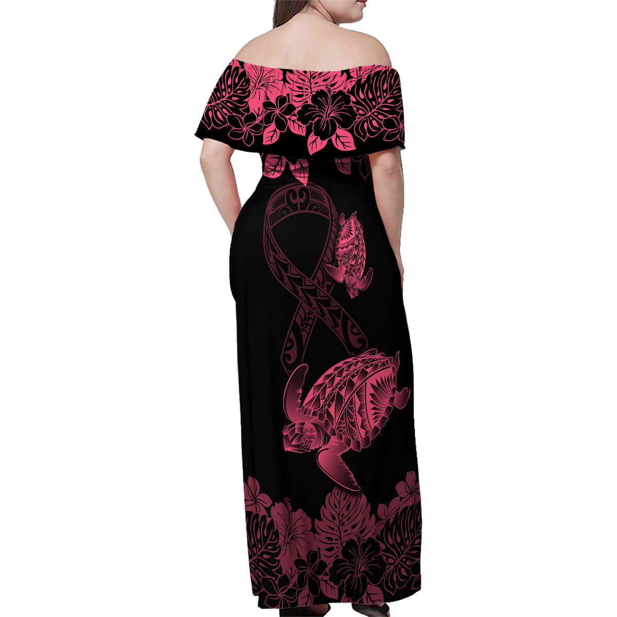 Personalised Polynesian Turtle Ribbon Family Matching Off Shoulder Maxi Dress and Hawaiian Shirt Think Pink Breast Cancer With Pacific Hibiscus LT9 - Polynesian Pride